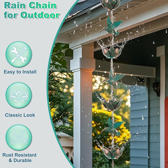 Rain Chain for Gutters Downspouts Outside,8.8ft Hummingbird Rain Chain with 12 Copper Lotus Rain Chain Cups,Functional and Decorative Replacement