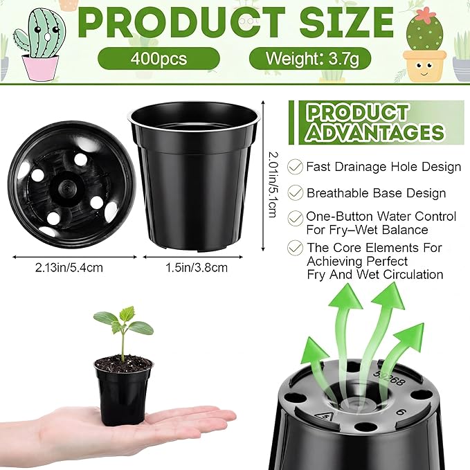 Domensi 400 Pcs 2inch Black Nursery Pots, Mini Plastic Plant Pot Nursery Seedling Pot with Drainage Holes for Seeds Starter, Indoor Outdoor Garden Vegetables Flowers Seedlings, Gardening Gifts