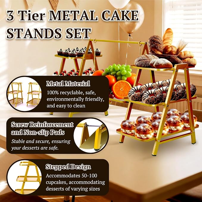 Metal 3 Tier Cupcake Stands, Large Capacity Serving Removable Tray Dessert Stands with Swing Design and Anti-slip Base, Food Display for Parties and Events, Wedding, 32.28*15.55*20.47Inch (Gold)