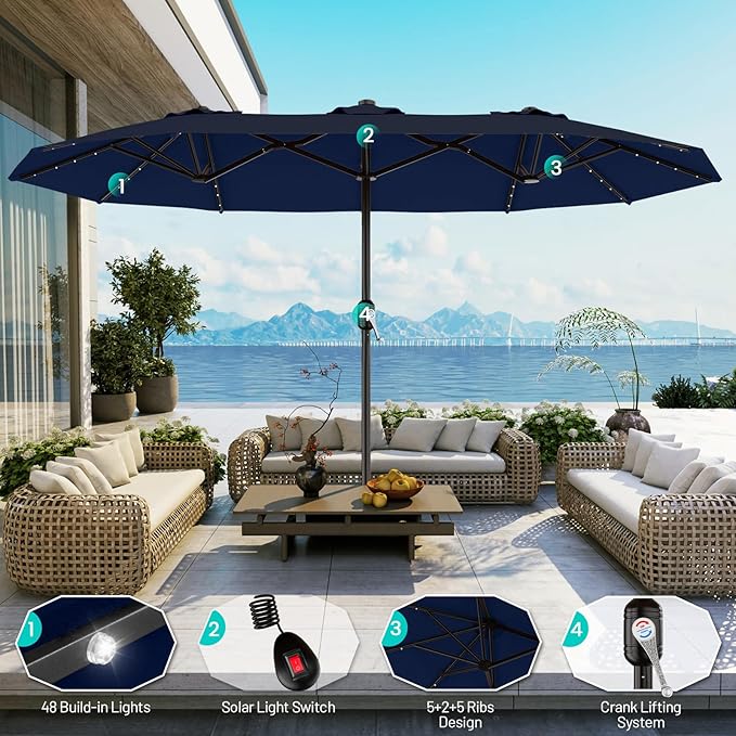 AreShark 13 FT Patio Umbrella with Solar Lights, Double-Sided Outdoor Table Umbrellas with Crank, Large Rectangular Market Umbrella for Porch, Lawn, Pool, Backyard, Navy