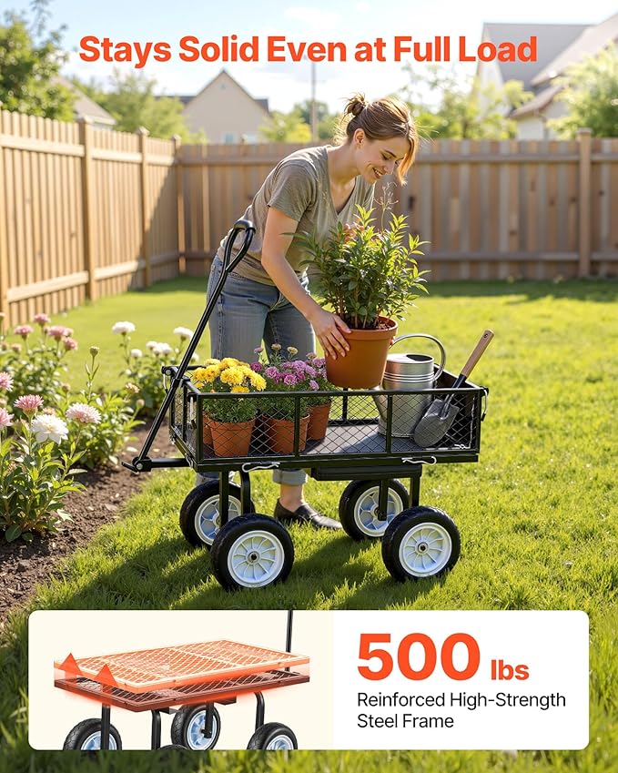 VEVOR 500 LBS Steel Garden Cart with Work Seat, Heavy Duty Garden Wagon Cart on Wheels, Outdoor Metal Utility Yard Wagon Gardening Stool with 10inch Flat Free Tires, Tool Tray & Adjustable Handle