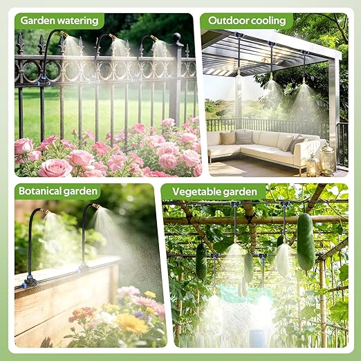 HIRALIY 360° Adjustable Drip Irrigation System 100FT with Timer, 1/4" Tubing and Adjustable Copper Nozzles, Automatic Atomizing Watering Kit for Garden, Yard, Lawn, Greenhouse & Potted Plants