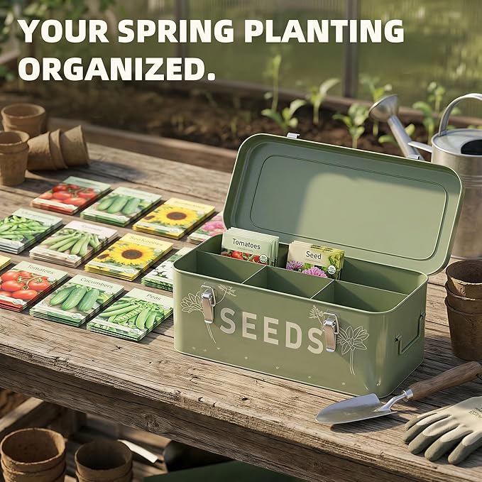 Orionstar Metal Seed Storage Organizer, 4 Compartments Saving Box with 30 Envelopes & Labels, Garden Organization Bin for Heirloom Protection, Vintage Dark Green