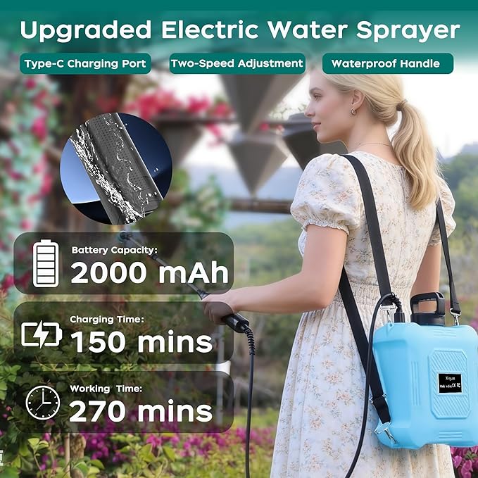 Battery Powered Sprayer 2 Gallon Garden Sprayer, Advance Electric Sprayer with 2 Adjustable Speed, 6 Mist Nozzles, USB Rechargeable with for Yard Lawn Garden (Sprayer-2 Gallon)