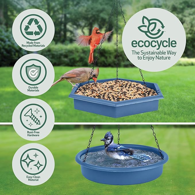 Combo Café 2-in-1 Recycled Plastic Bird Feeder and Bird Bath for Wild Birds and Outdoor Décor, Hanging Bird Bath and Tray Feeder with Chains Included, 1.5 Quart Capacity, Blue