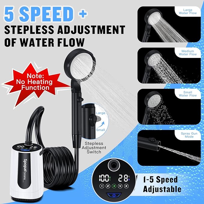 Spopal Portable Shower for Camping, [Upgraded] 10000mAh Rechargeable Camping Shower with 5 Adjustable Speeds,Premium LED Display, IPX8 Waterproof Outdoor Shower Kit for Hiking, Car, Pet, Travel