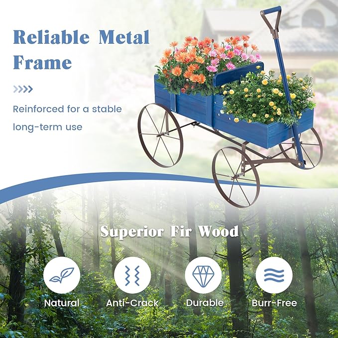 DORTALA Wood Wagon Planter, Outdoor Garden Flower Planter Cart with Wheels, Small Decorative Wood Raised Bed Plant Pot Box Stand for Backyard, Patio, Balcony, Blue