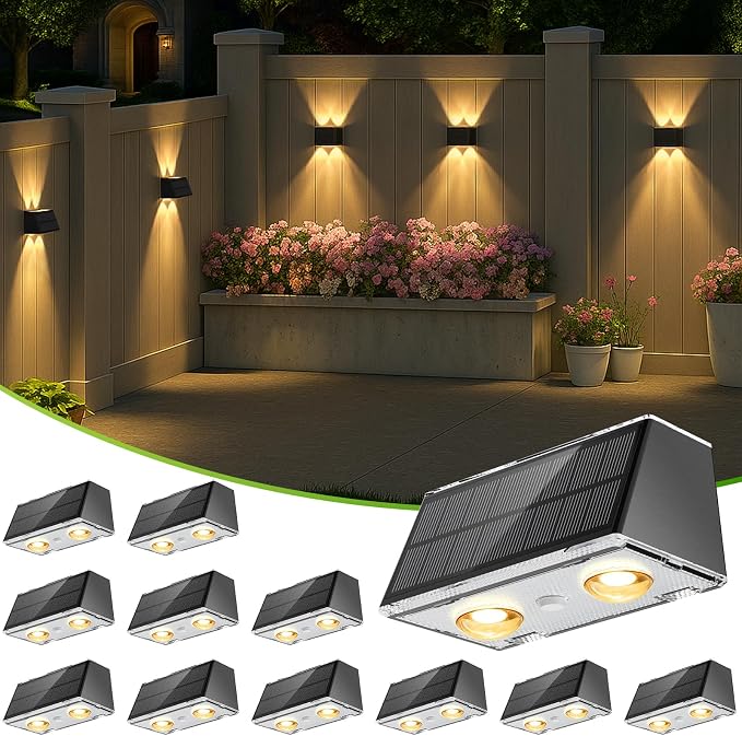 LANSOW Solar Fence Lights Outdoor, 12 Pack Solar Powered Lights Waterproof, 9 Modes Warm/Cool White RGB Up-Down Led Spot Wall Lights Dusk to Dawn Decor for Backyard, Deck, Patio, Pool, Railing(Black)