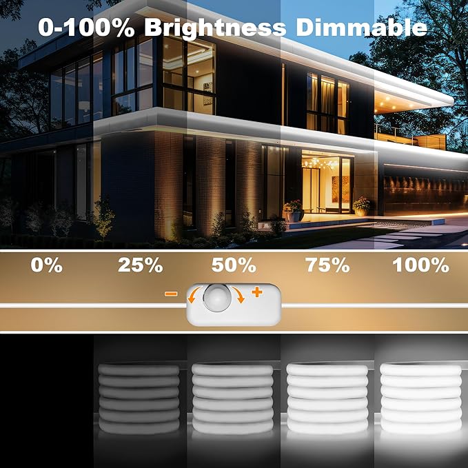 Gliztech IP67 Waterproof COB LED Strip Lights AC 110V-120V Direct Plug, 66FT Super Bright Outdoor Strip Lights with Double Fuse Controller, 6500K White LED Strips for Garden Patio Commercial Decor