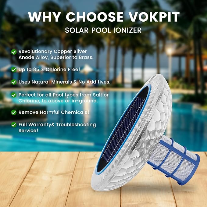 Pool Ionizer Solar with LED Light Plus,Copper Ionization,Floating Automatic Water Cleaner and Purifier,Up to 45,000 Gal,85% Less Chlorine,Chlorine Free Water