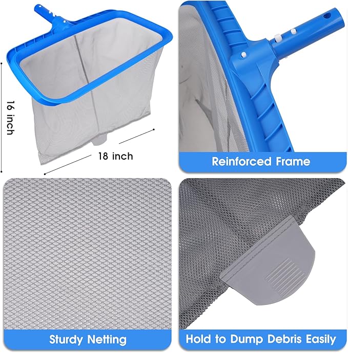 3-in-1 TidyMister Pool Cleaning Kit – 18'' Pool Net with Deep Bag & 18'' Pool Brush Head & 9'' Ultra Fine Mesh Skimmer Net, Cleaning Set for Above Ground Inground Pools, Spas, Hot Tubs