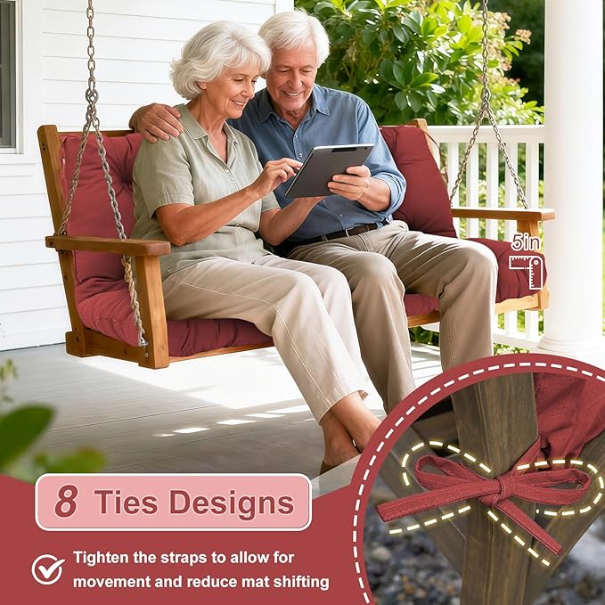 Porch Swing Cushions Outdoor 40 inch x 40 Waterproof Swing Cushions 3 Seater Replacement with Backrest & 8 Ties 5" Thick Bench Swing Cushions for Outdoor Furniture Patio(Wine red)