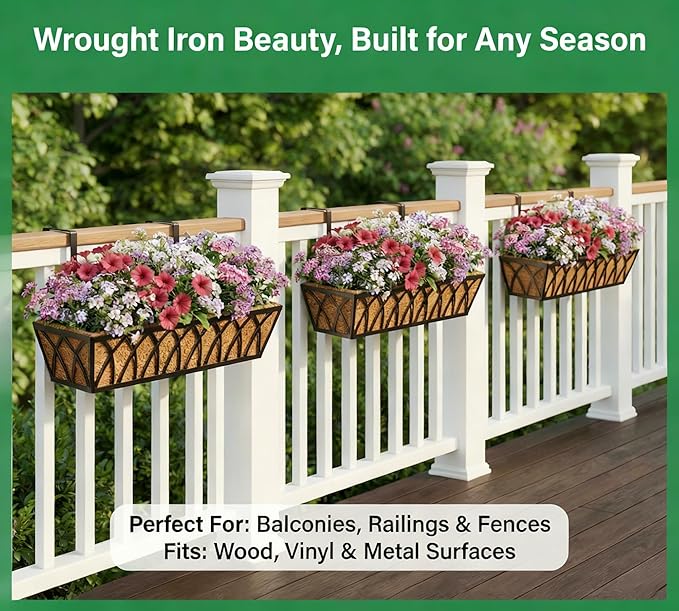 Y&M 2pcs 30'' Metal Outdoor Planter Boxes, Large Railing Mount Planters with Coco Liner for Balcony, Porch, Fence