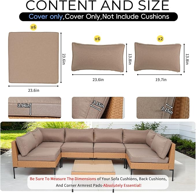 14 Piece Outdoor Patio Cushion Covers Replacement Waterproof with Zipper for 6-Seater Sectional Couch Chair Sofa Seat Cushions Slipcovers Set, Only Cover