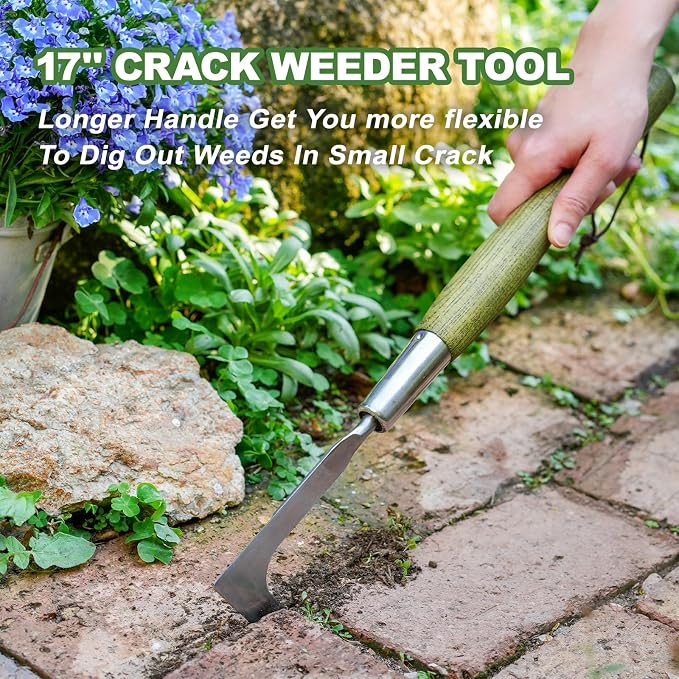 Haliaeetus Crack Weeder Tool, 17'' L-Shaped Stainless Steel Crevice Weeding Tool, Comfortable Wooden Handle Paver Weeder, Sidewalk Weed Removal Tool for Driveway, Bricked Patio and Terrace Paving Moss