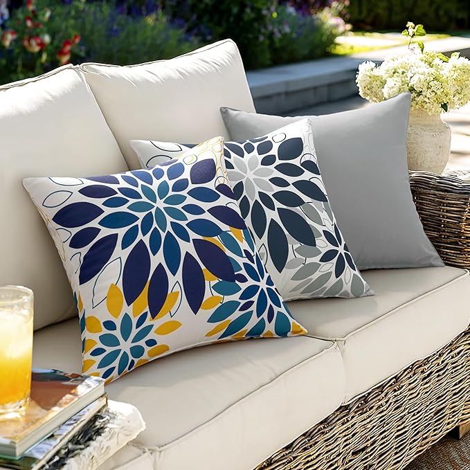 Floral Outdoor Pillow Covers Waterproof Spring Throw Pillow Cases Blue Yellow 18x18 Inch Set of 2 Decorative Summer Cushion Covers for Patio Furniture Garden Bench Porch Sofa