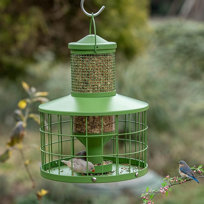 Caged Bird Feeders Squirrel-Proof, Metal, 2.8Lbs Capacity-Cage Tube Seed Feeders with Tray, Hanging Wild Bird Feeders, Attract Birds,Detachable Cleaning, Starling Proof Wild Bird Feeder（Green）