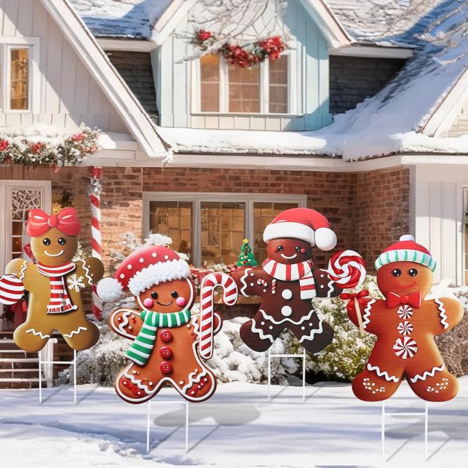 Weysat 4 Pack Christmas Metal Yard Stakes 15.75 Inch Gingerbread Man Yard Sign Stake Christmas Decorations Outdoor for Outside Xmas Gingerbread Decorations for Garden Lawn Pathway Party Decor