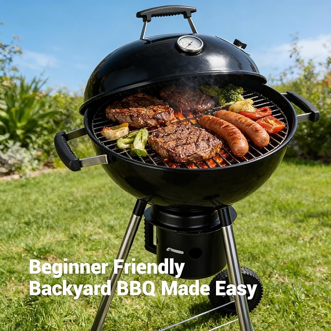 18-Inch Kettle Charcoal Grill with Cover & Wheels | Beginner-Friendly, For Backyard, Patio & Family Cookouts, Easy-to-Use, Ash Catcher