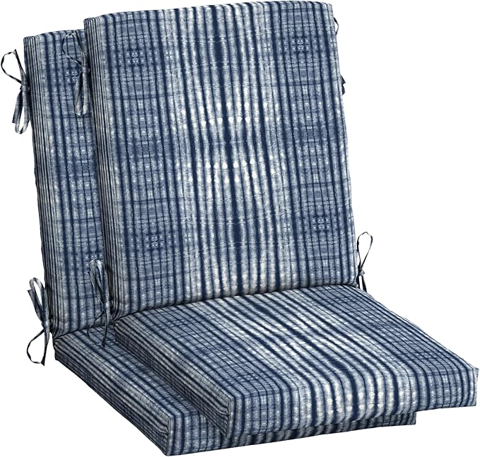 Arden 2-Pack Outdoor Patio Dining Chair Cushion, 20x44, Rain-Proof Seat Pad, Fade-Resistant Outdoor Cushion Blue Shibori Stripe