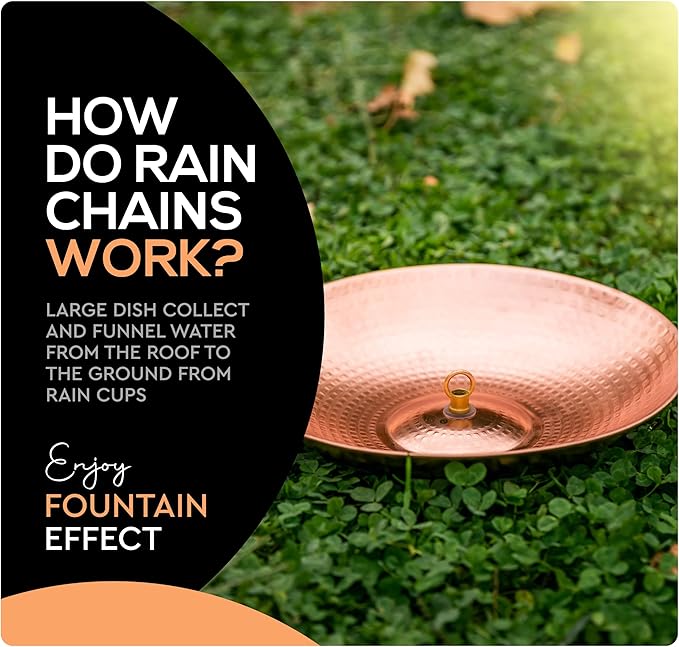 Copper Anchoring Basin – Hammered Metal Bowl for Rain Chain Downspout Gutters – Beautiful Decorative Fountain Dish Display for Outdoor Garden, Lawn & Patio Water Feature – 11” Wide x 2” High