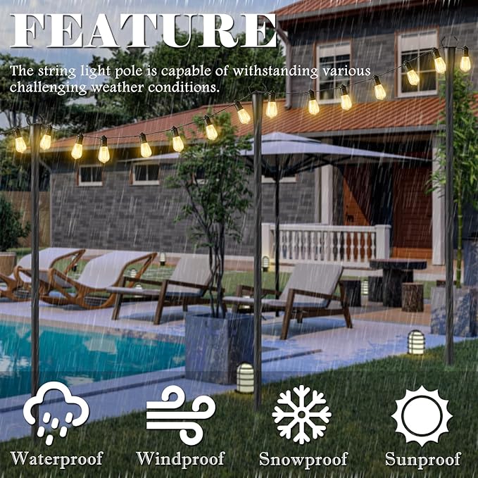 10Ft String Light Poles 6 Pack for Outside, Metal Outdoor Light Poles with 5 Prongs for Garden Patio Backyard Deck, Fence Bracket Hanging Light for Party Wedding Decor