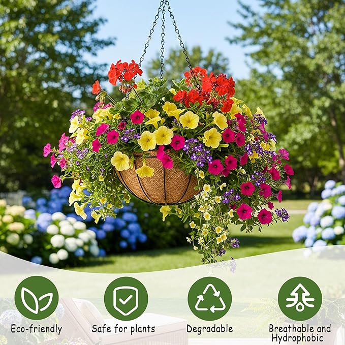 4pcs 16 inch Metal Hanging Baskets Round Wire Plant Stand with Coco Lining Cushion Decorative Planter Hanger Garden Indoor Outdoor Watering Hanging Basket （XG）