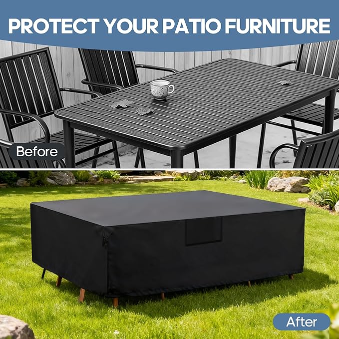 DUMOS Outdoor Furniture Cover, Rectangular Heavy Duty 600D UV Resistant & Waterproof Patio Furniture Covers for Deck Table and Chairs, Backyard Patio Dining Sets, 111"L x 74"W x 28"H, Black