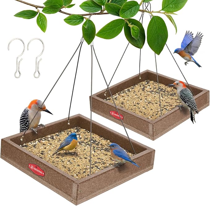 Kingsyard Platform Bird Feeder for Outdoors, Hanging Tray, 2 Pack | Recycled Poly Lumber, Weatherproof, 11x11 Tray, Holds up to 3 lbs Seeds or Mealworms, Easy Clean & Refill, Brown