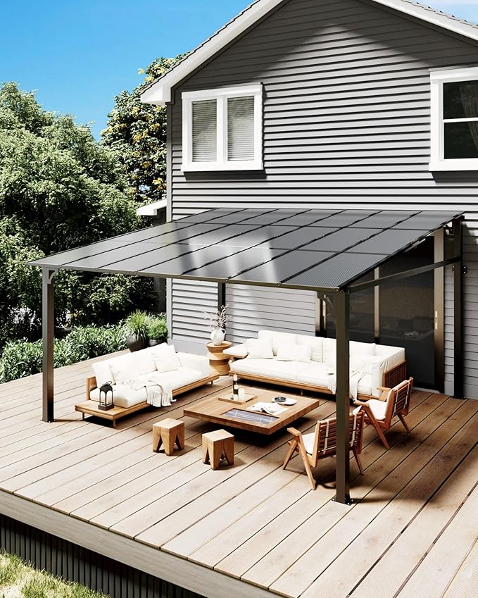 GarveeLife 10 ft x 14 ft Lean to Gazebo, Hardtop Wall Pergola with Polycarbonate Roof, Aluminum Frame Slant Mounted Gazebo for Lawn Patio Deck Yard and Party