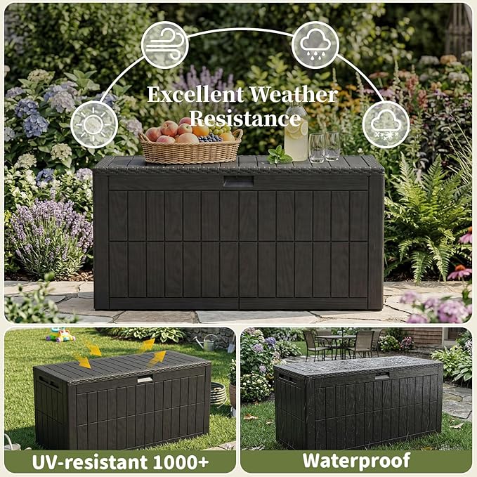100 Gallon Outdoor Storage Box, Waterproof Lockable Resin Deck Box with Seat, Patio Furniture Cushion Storage, Garden Tool Organizer & Pool Toy Box, Black