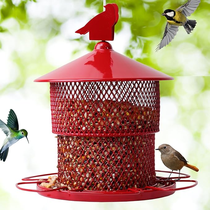 Metal Bird Feeder for Outside Hanging, Bird Feeders Squirrel Proof, 4 Lbs Large Capacity Iron Tube Mesh Wild Birdfeeder for Outdoor Finch Cardinal Chickadees Blue Jay -Red