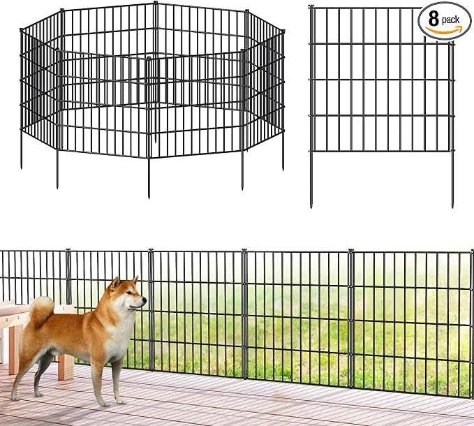 FOREHOGAR Metal Garden Fence 28in (H) x 18.7ft (L), 8 Panels + 9 Stakes Dog Fence Border Fence Animal Barrier, No Dig Garden Fencing for Yard Flower Bed Lawn Patio Outdoor, PIN282808 Black