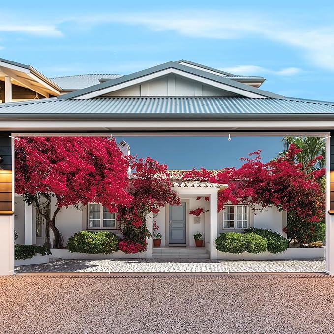 7 * 16FT Summer Garage Door Cover Decorations Sunset Palm Trees Garage Door Banner for Outdoor Indoor Summer Party Photography Backdrop (red, 6 * 13 ft)