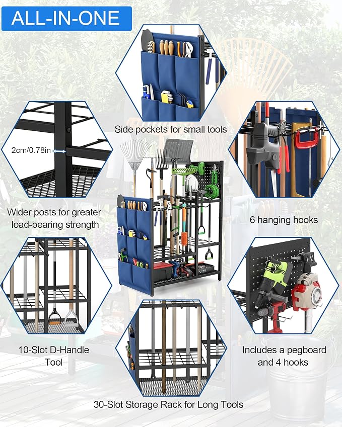 Garden Tool Organizer with Pegboard, Yard Tool Holder Standing for Garage Organization, Up to 30 Long-Handled/10 D-Handled Tools/Rake/Broom/Shovel/, with Side Storage Pocket
