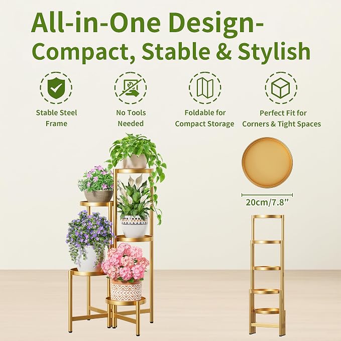 Tall Gold Plant Stand Indoor Outdoor, Corner Metal Flower Pot Stands for Multiple Plants, 5 Tiered Heavy Duty Plant Shelf for Patio Garden Balcony Living Room Bedroom - GoldDisk