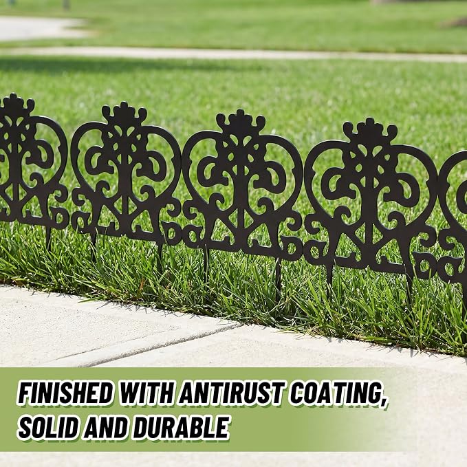8 Pcs Iron Sheet Decorative Garden Border Edging, 11.4" x 7'' Small Metal Flower Bed Edging Landscape Border Mini Vintage Garden Fence for Outdoor Yard Patio Lawn (Rustic,Black)