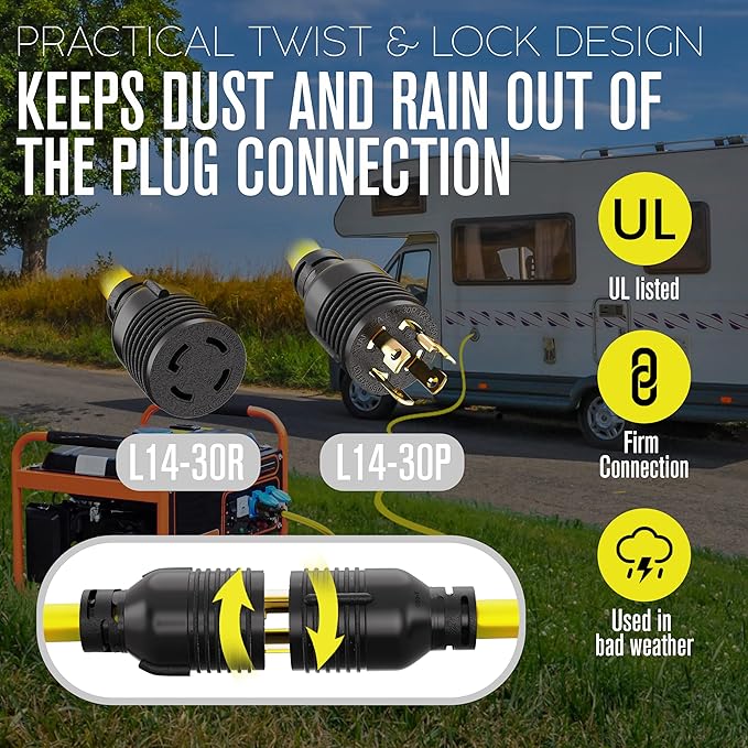 Houseables 30 Amp Generator Cord, Generator Cord, NEMA L14-30P to L14-30R, 30 Amp Extension Cable, 125/250V for 240V Use, 240 Volt, 30amp Power Wire, 4 Prong Plug, Dryer, UL CUL, 10 Gauge, 7500W, 10FT
