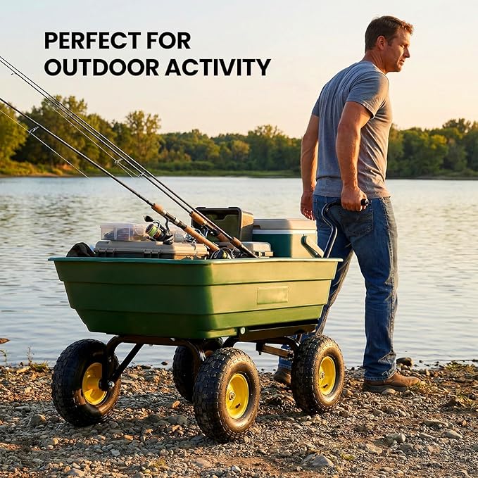 Heavy Duty Garden Dump Cart - 600lbs Load Capacity, 10" All-Terrain Wheels, Quick-Release System, Durable Poly Bed, 180° Rotating Handle, Yard Cart for Landscaping, Farm, and Outdoor Work