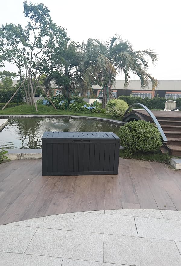 BTEXPERT 74 Gallon Resin Deck Box, Outdoor Storage Container for Patio Furniture Garden Tools Cushions Waterproof Lockable Metal Support Rods UV Resistant