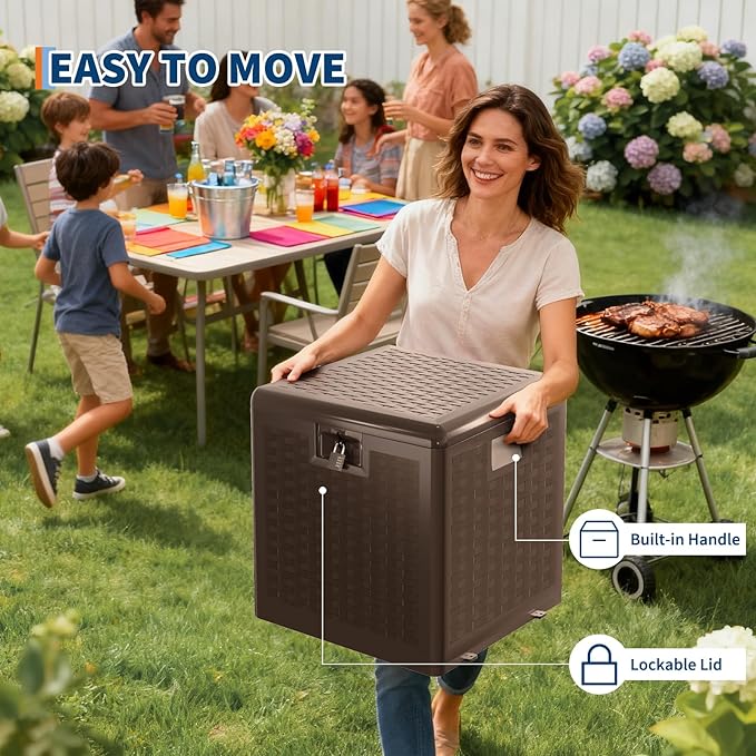 GarveeLife 28 Gallon Resin Deck Box, Weatherproof and UV Resistant Outdoor Storage Box, Lockable Outdoor Storage Bin for Patio Cushions, Garden Tools, Pool Supplies, Package Delivery, Brown