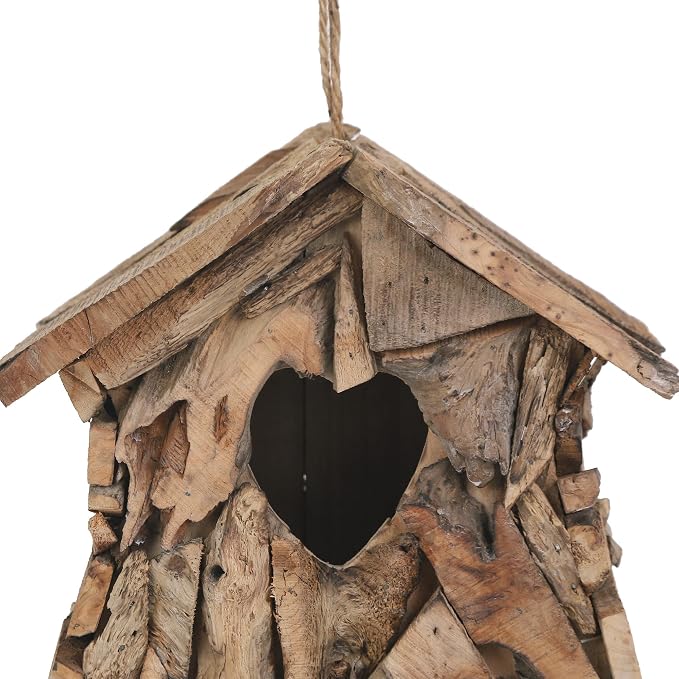 Wood Bird House Squirrel House with 2.36" Heart-Shaped Entry & Hanging Rope, Artistic Cottage-Style Outdoor Bird Feeder Garden Decoration