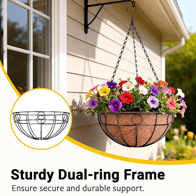 ZeeDix Complete Hanging Basket Kit – 2 Pack 16 Inch Wire Baskets with Coco Liners + 4 Pack 24 Inch Heavy Duty Black Chains for Indoor & Outdoor Garden, Patio, Balcony