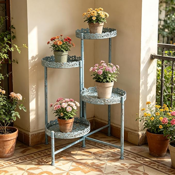 4-Tier Vintage Distressed Blue Metal Plant Stand, Foldable Corner Flower Pot Holder Shelf for Indoor Outdoor, Rustic Plant Rack for Patio Porch Garden Balcony Living Room
