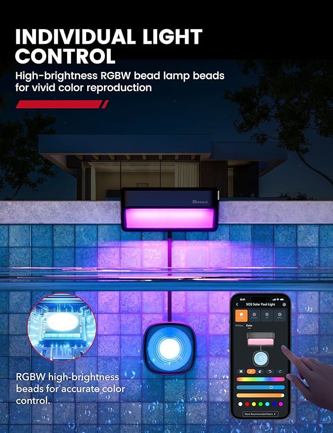 Enhulk Solar Pool Lights with RGBW APP Control,IP68 Waterproof Smart Solar Power Pool Lights for Above Ground Pool,Led Pool Lights for Inground Pool, Pond, Patio, Black 2 Pack