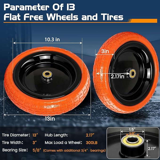 13" Flat Free Wheels Replacement for GOR Garden Cart Tires, 4.00-6 Solid Tires with 5/8"Bearings, 13" No Flat Wheels for GOR Garden Carts/Hand Trucks/Garden Carts（Orange）