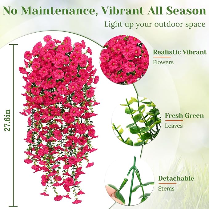 MARTINE MALL 4 Pcs Look Real Artificial Flowers for Outdoors, Realistic Artificial Hanging Flowers for Outdoors, UV Resistant Fake Hanging Plants Silk Petunia Faux Flowers for Porch Patio, Rose Red
