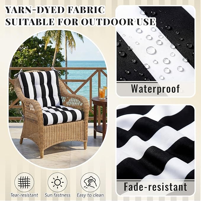 Marsui 4 Pcs Outdoor Indoor High Back Chair Cushions Patio Furniture Tufted Pillow with Ties Water-Resistant Replacement Outdoor Rocking Chair Cushions, 42 x 21 Inches (Black White,Stripe)