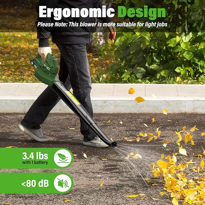 SEYVUM Leaf Blower, 20V Cordless Blower with 2 x 2.0Ah Battery, Electric Leaf Blowers for Lawn Care, 350 CFM 150 MPH Battery Powered Leaf Blower, for Patio, Garden Cleaning, Fast Charger, Dark Green