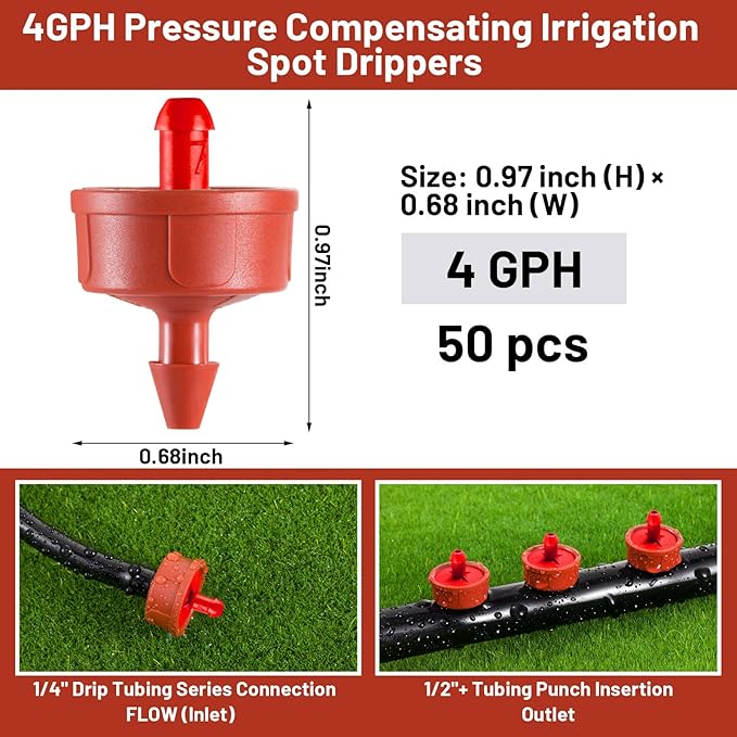50 PCS 4 GPH Pressure Compensating Drip Irrigation Spot Dripper, Max Flow Drip Irrigation Emitters Heads for Dry Soil Thirsty Plants, Irrigation Drippers Parts for Arid Area Outdoor Irrigation